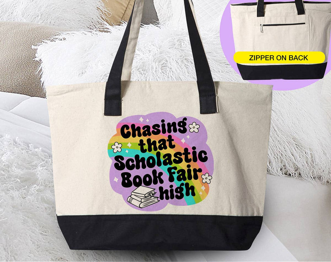 "Chasing That Scholastic Book Fair High" design on a natural canvas zippered tote bag