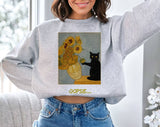 "Oopsie Van Gogh Sunflowers Black Cat" design on an ash gray unisex crewneck sweatshirt