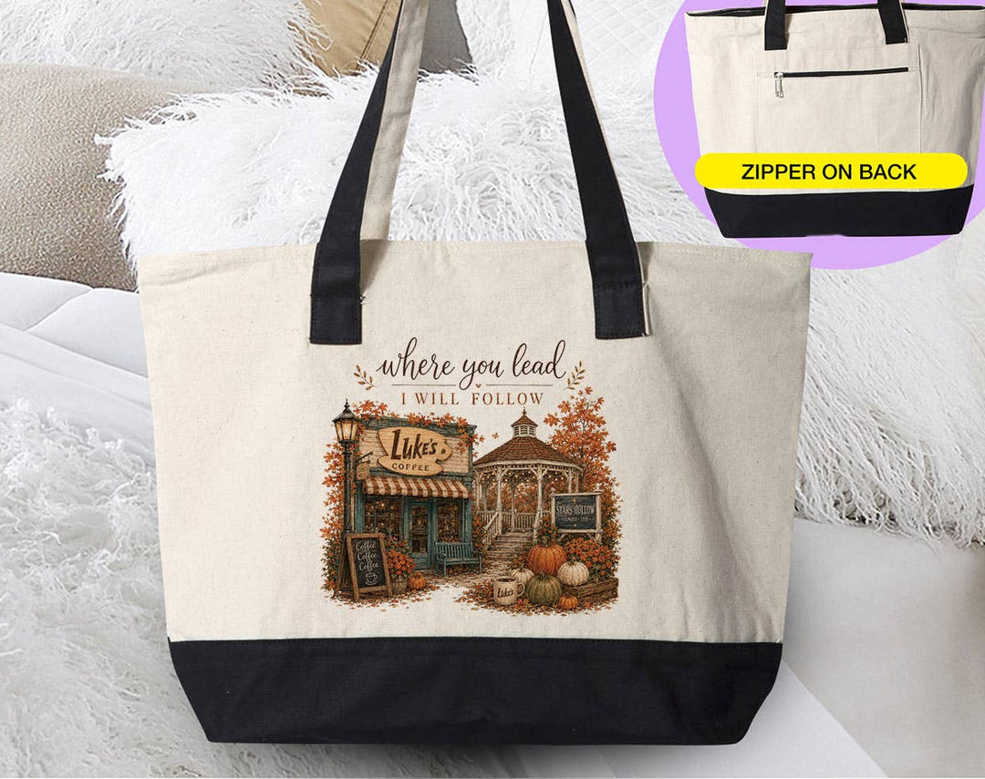 "Where You Lead I Will Follow Gilmore Fall" design on a natural canvas zippered tote bag