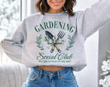 "Gardening Social Club" design on an ash gray unisex crewneck sweatshirt