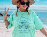 "Lady Whistledown Tea House" design on an island reef blue Comfort Colors t-shirt