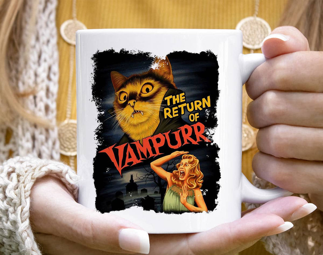 "The Return Of Vampurr" Halloween design on a white coffee mug