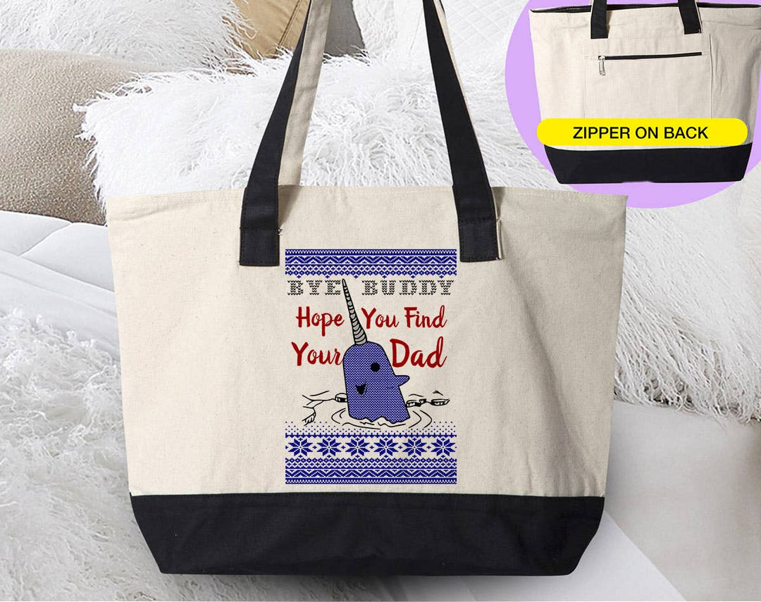 "Bye Buddy" design on a natural canvas zippered tote bag