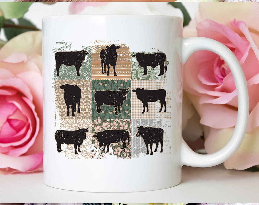 "Cow Boho Retro" design on a white ceramic coffee mug