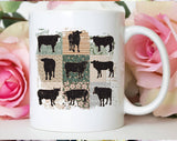 "Cow Boho Retro" design on a white ceramic coffee mug
