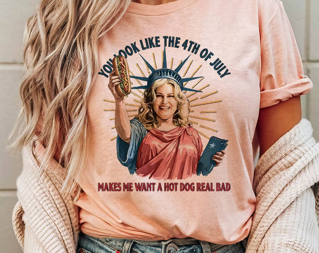 "You Look Like The 4th Of July Meme" design on a peach unisex t-shirt