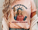 "You Look Like The 4th Of July Meme" design on a peach unisex t-shirt