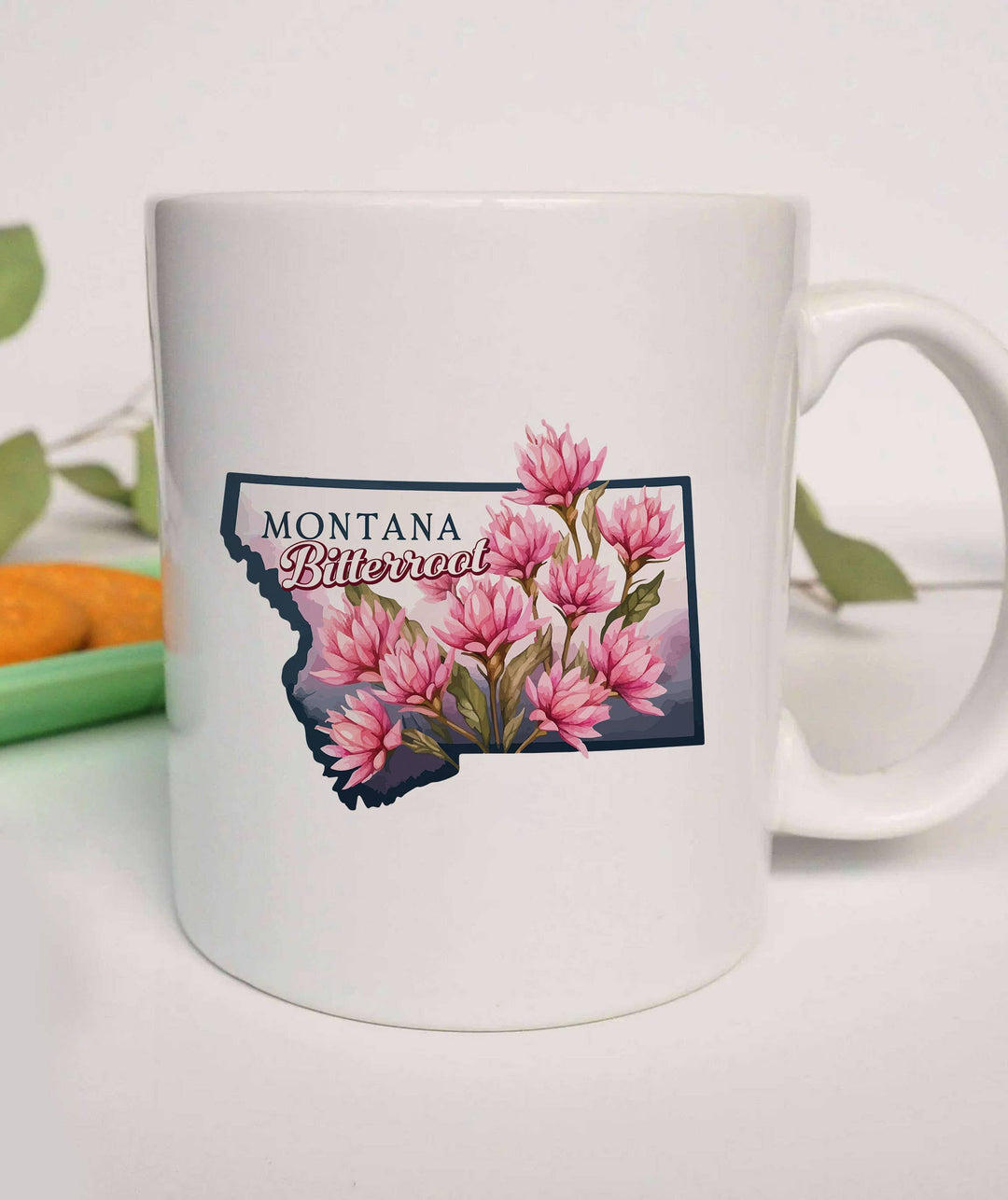 "Montana State Flower Bitterroot" design on a white ceramic coffee mug