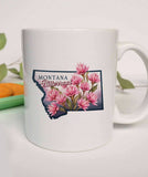 "Montana State Flower Bitterroot" design on a white ceramic coffee mug