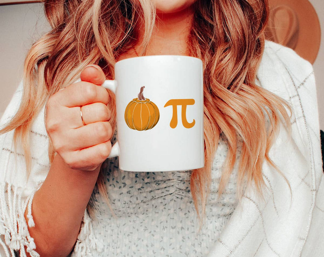"Pumpkin Pi" fall design on a white coffee mug