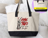 "One Two Freddy's Coming For You" design on a natural canvas zippered tote bag