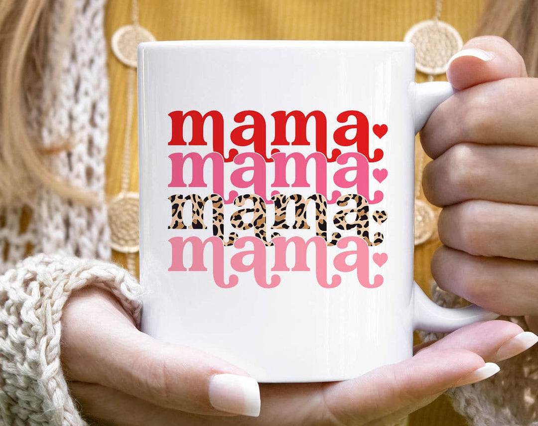 "Mama Leopard Heart X 4" design on a white ceramic coffee mug