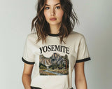 "Yosemite National Park Mountains" design on a natural ringer t-shirt with black contrast trim