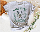"Gardening Social Club" design on a heather gray unisex t-shirt