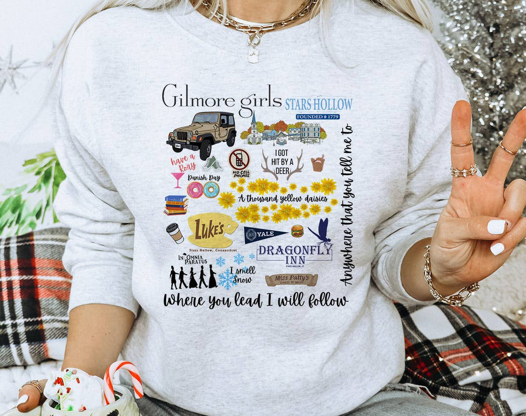 "Gilmore Girls Collage" design on an ash gray unisex crewneck sweatshirt