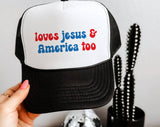 "Loves Jesus And America Too" design on a mesh-back snapback trucker hat