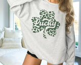 "Lucky Clover Leopard" design, alternate view, on a black unisex crewneck sweatshirt