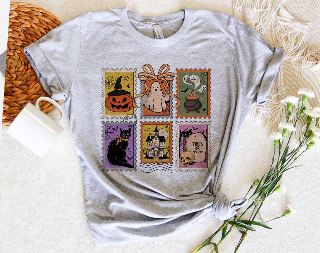 "Halloween Stamps Retro Pumpkin" design on a heather gray unisex t-shirt
