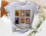 "Halloween Stamps Retro Pumpkin" design on a heather gray unisex t-shirt