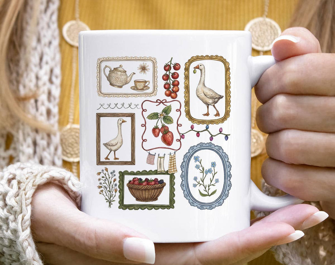 "Portrait Cottagecore Goose Vintage Farmhouse" design on a white ceramic coffee mug