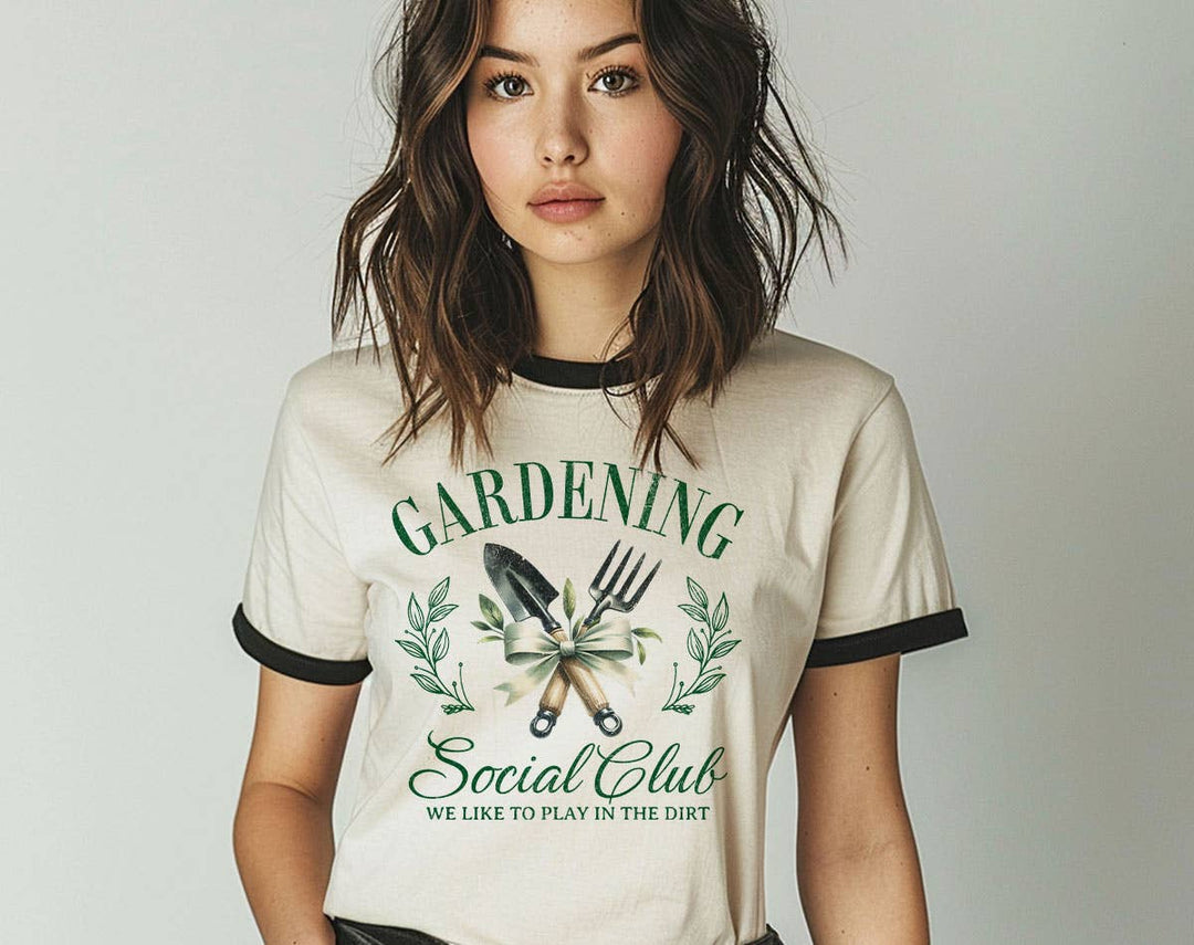 "Gardening Social Club" design on a natural ringer t-shirt with black contrast trim