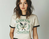 "Gardening Social Club" design on a natural ringer t-shirt with black contrast trim