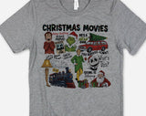 "Christmas Movies Collage Buddy & Clark" design on a heather gray unisex t-shirt