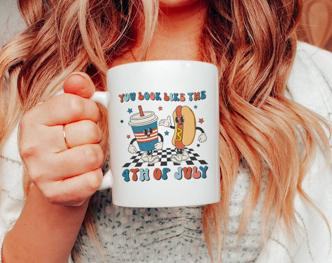 "You Look Like 4th of July" design on a white ceramic coffee mug