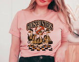 "Goosebusters Goose Ghost" design on a peach unisex t-shirt