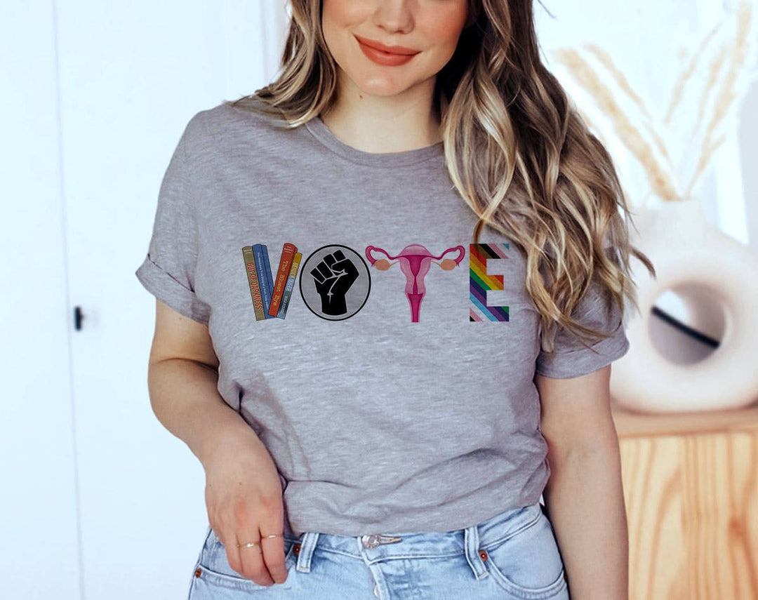 "Vote Rights Collage" design on a heather gray unisex t-shirt