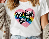 "Bookish B*tch" design on a white unisex t-shirt