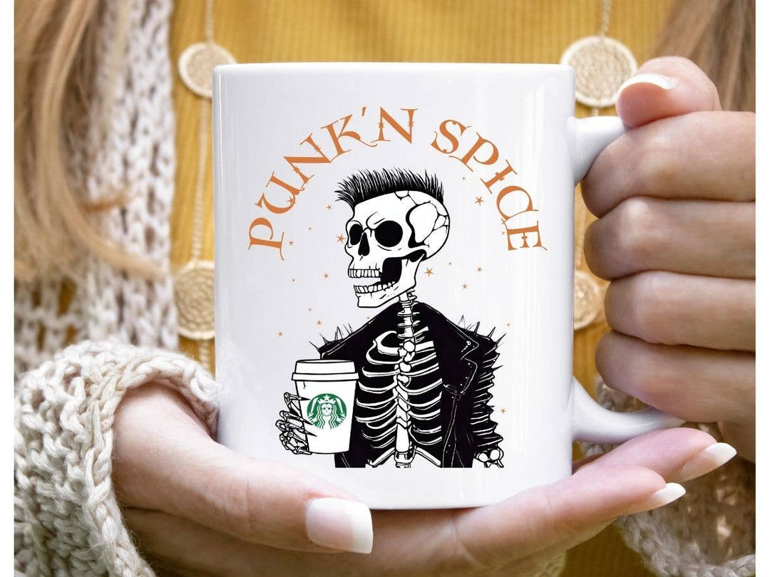 "Punk N Spice" Halloween design on a white coffee mug