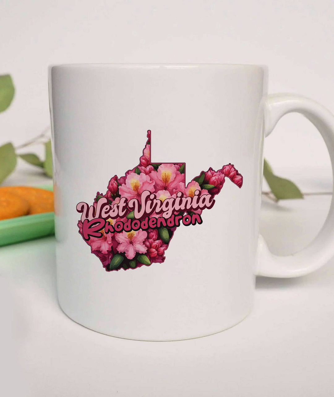 "West Virginia State Flower Rhododendron" design on a white ceramic coffee mug