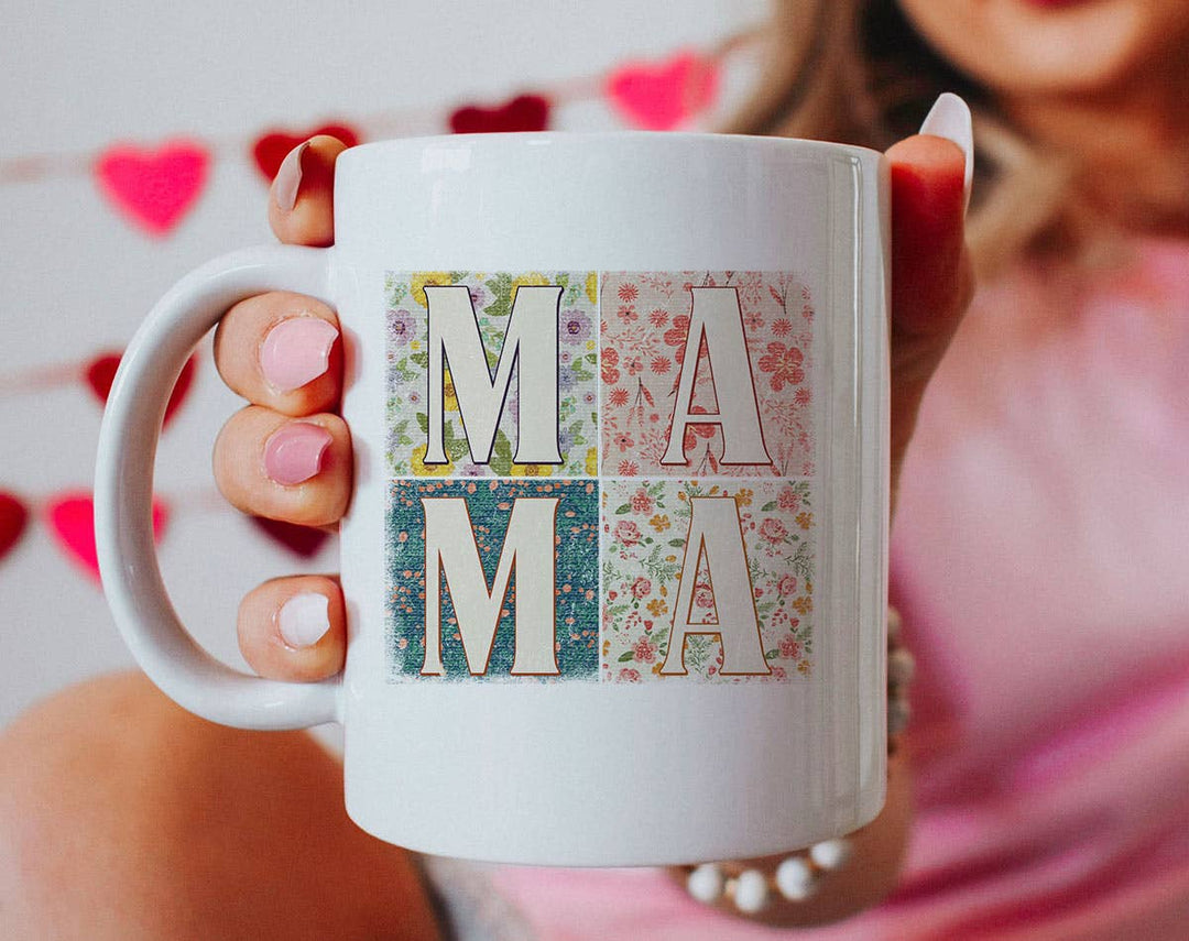 "Mama Boho Quilt" design on a white ceramic coffee mug