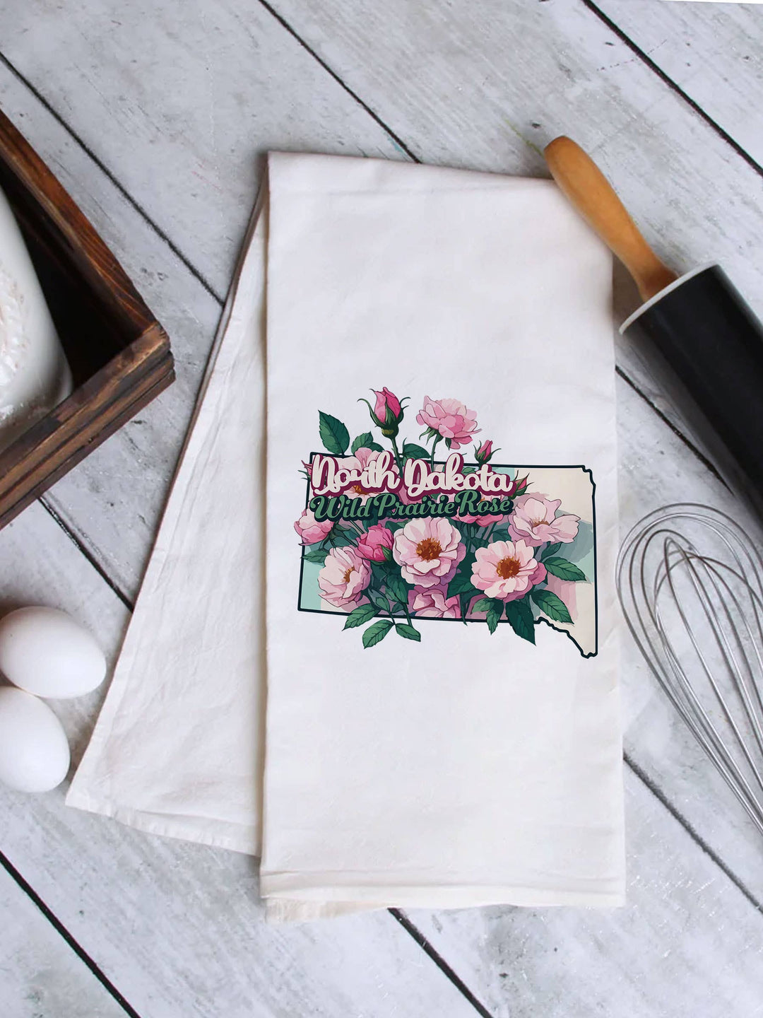 "North Dakota State Flower Wild Prairie Rose" design on a white 28 x 28 inch flour sack tea towel