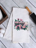 "North Dakota State Flower Wild Prairie Rose" design on a white 28 x 28 inch flour sack tea towel