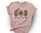 "God Sunflower" design on a peach unisex t-shirt