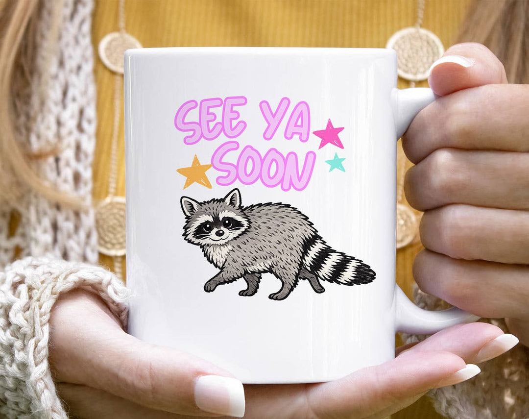 "See You Soon" design on a white ceramic coffee mug