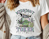 "Midnight Toker Hippie" design on a white unisex t-shirt