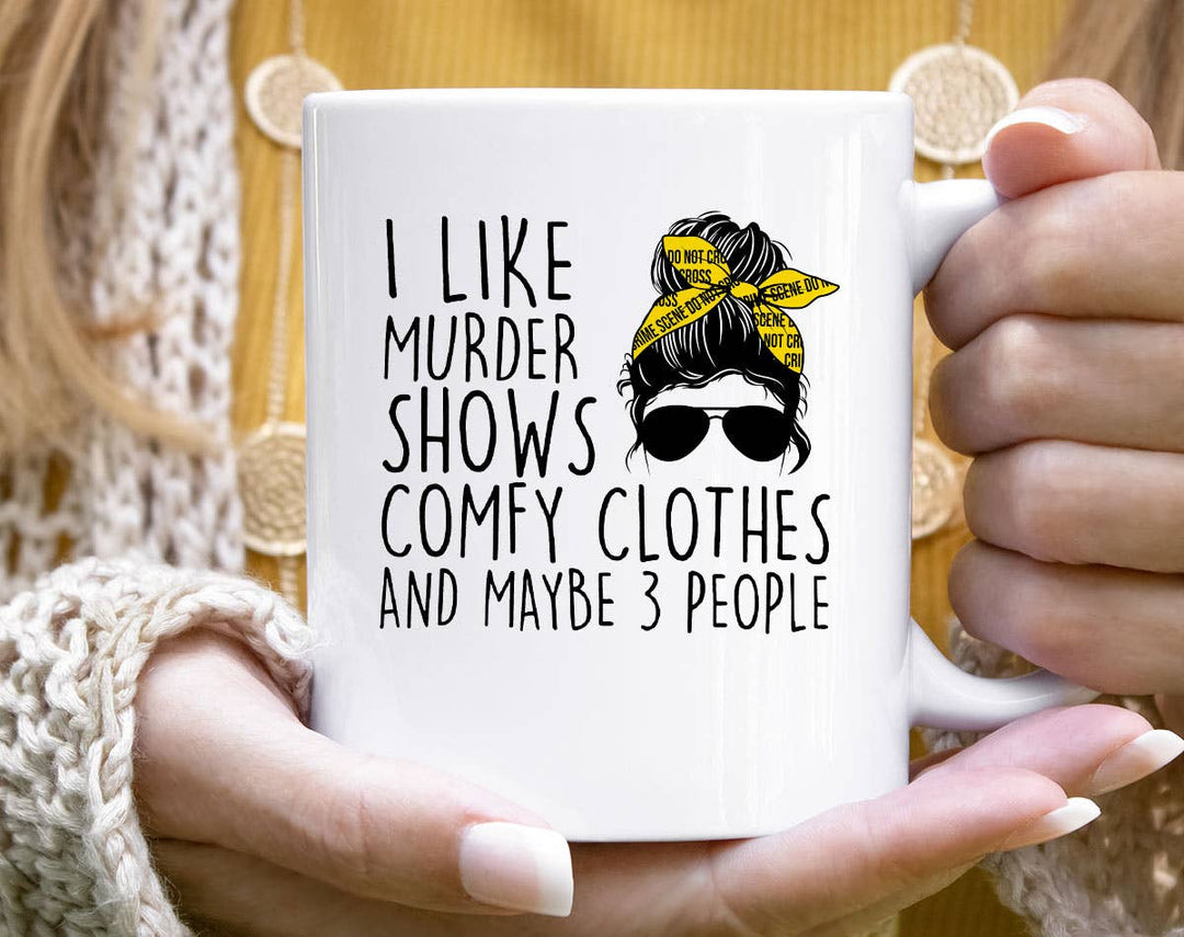 "I Like Murder Shows" design on a white ceramic coffee mug