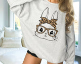 "Easter Bunny Leopard Glasses" design on an ash gray unisex crewneck sweatshirt