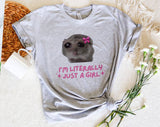 "Sad Hamster Meme I'm Literally Just A Girl" design on a heather gray unisex t-shirt