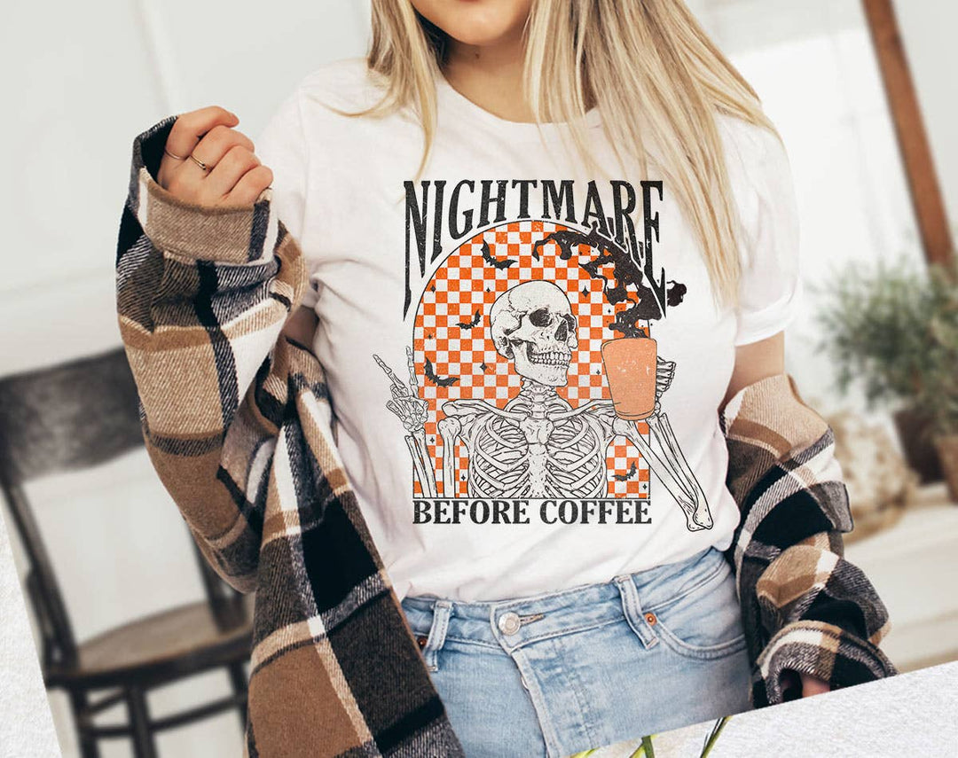 "Nightmare Before Coffee Skeleton" design on a white unisex t-shirt