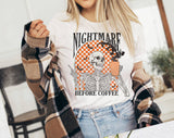 "Nightmare Before Coffee Skeleton" design on a white unisex t-shirt