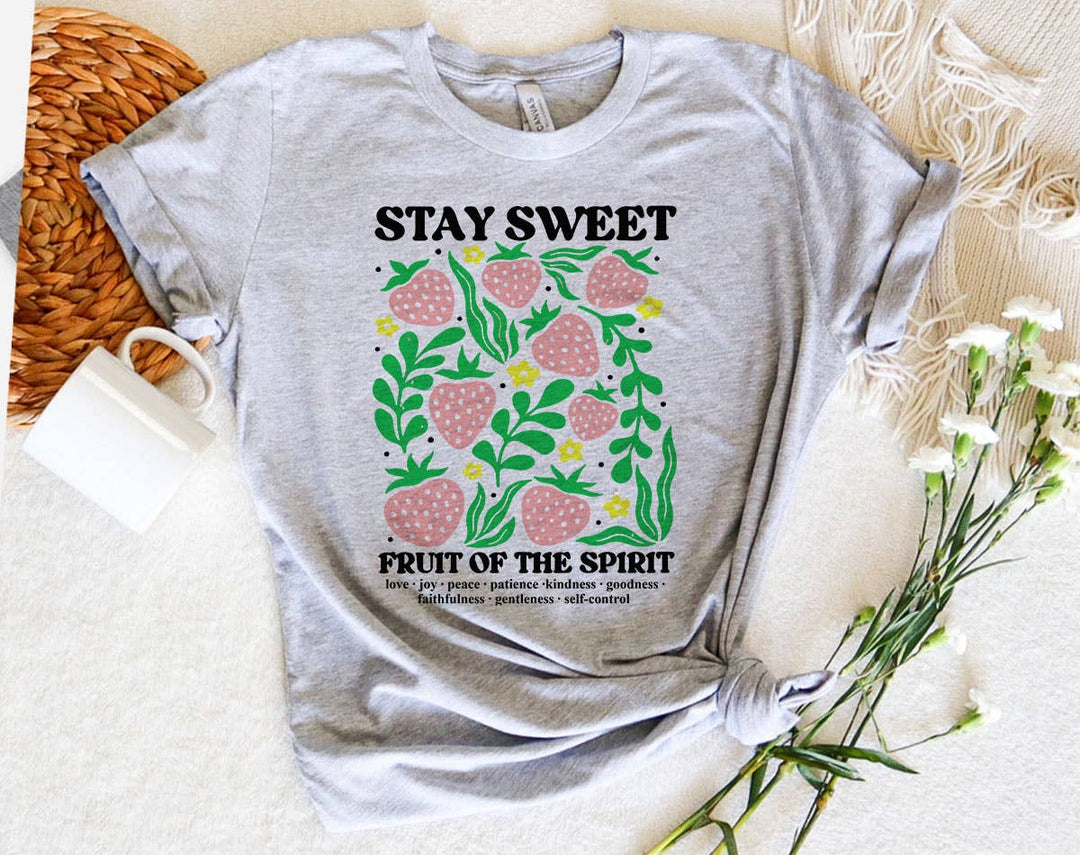 "Stay Sweet Strawberries" design on a heather gray unisex t-shirt