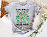 "Stay Sweet Strawberries" design on a heather gray unisex t-shirt