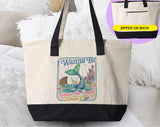 "I Wanna Be Where The People Aren't Mermaid 2" design on a natural canvas zippered tote bag