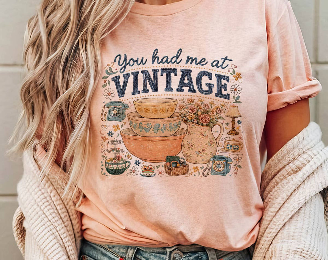 "You Had Me At Vintage Thrifting" design on a peach unisex t-shirt