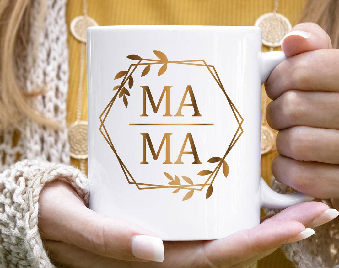 "Mama Gold Flower" design on a white ceramic coffee mug