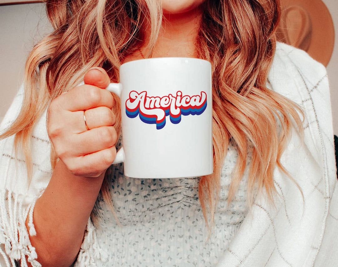 "America Retro" design on a white ceramic coffee mug